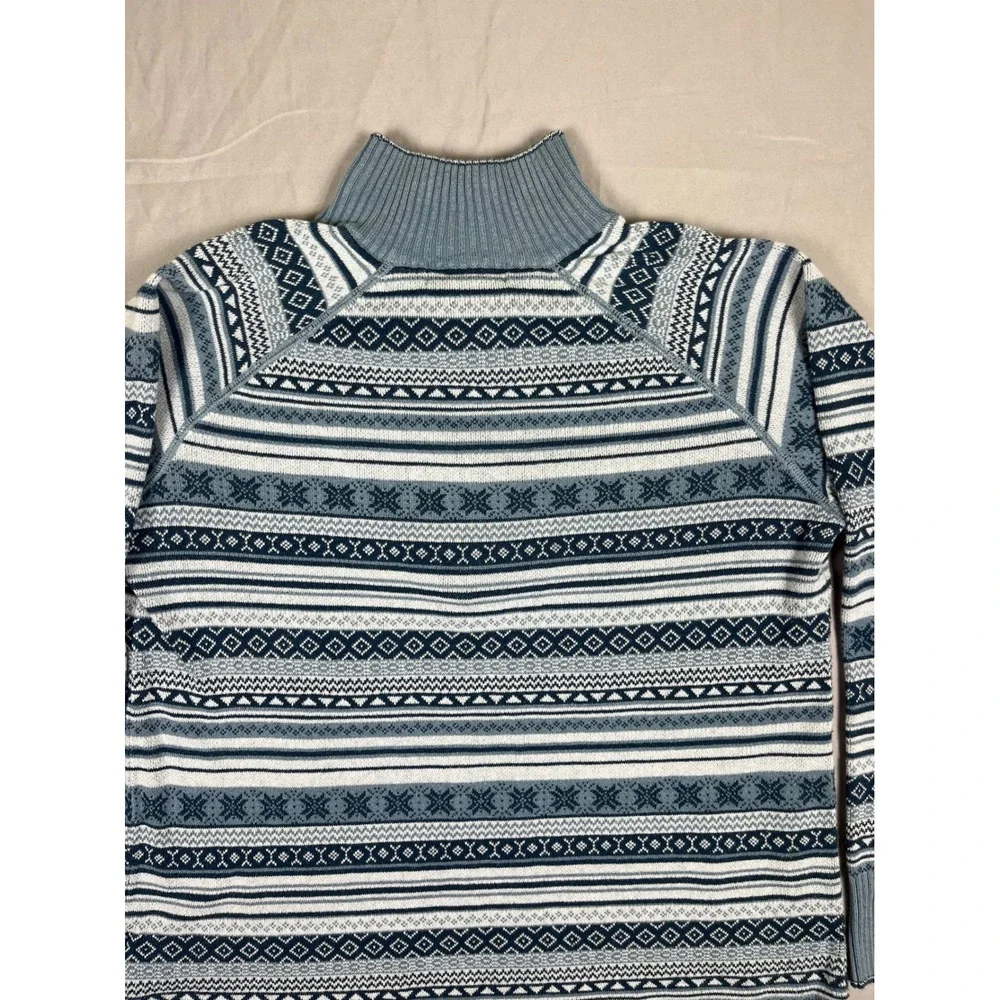 Eddie Bauer Quarter Zip Sweater Mens Medium Blue Nordic Fair Isle Cotton Blend‎